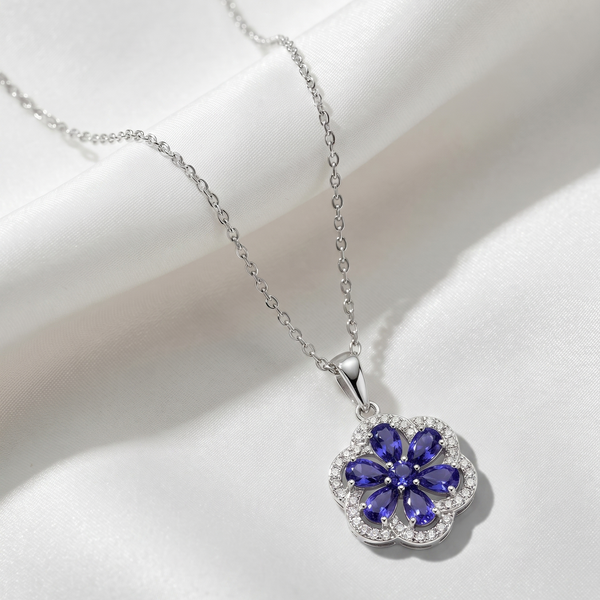 925 Sterling Silver Blue Floral Moissanite chain Pendant