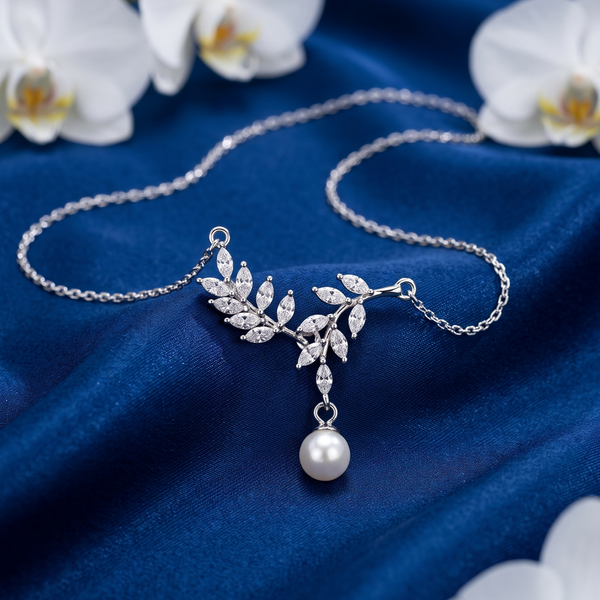 925 Sterling Silver Pearl & Moissanite Leaf Chain Pendant