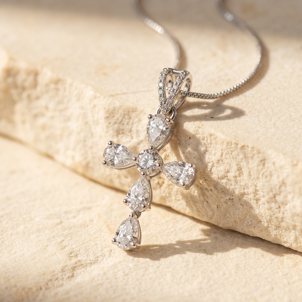 Celestial Cross - 925 Sterling Silver Pear Cut Cross Pendant