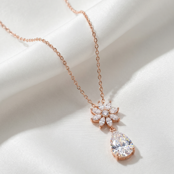 Sterling Silver Floral Drop Moissanite Chain Pendant