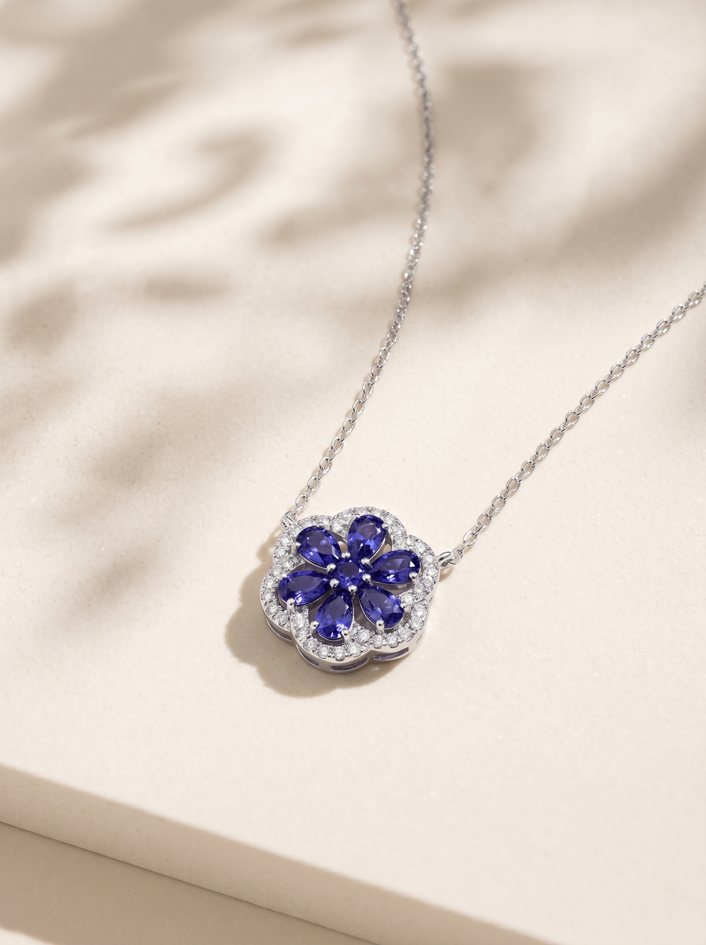 925 Sterling Silver Blue Floral Moissanite chain Pendant