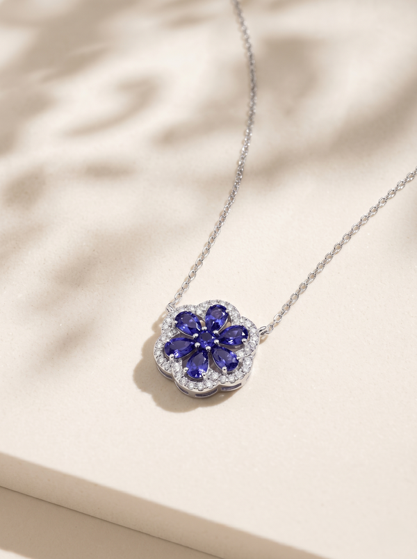 925 Sterling Silver Blue Floral Moissanite chain Pendant