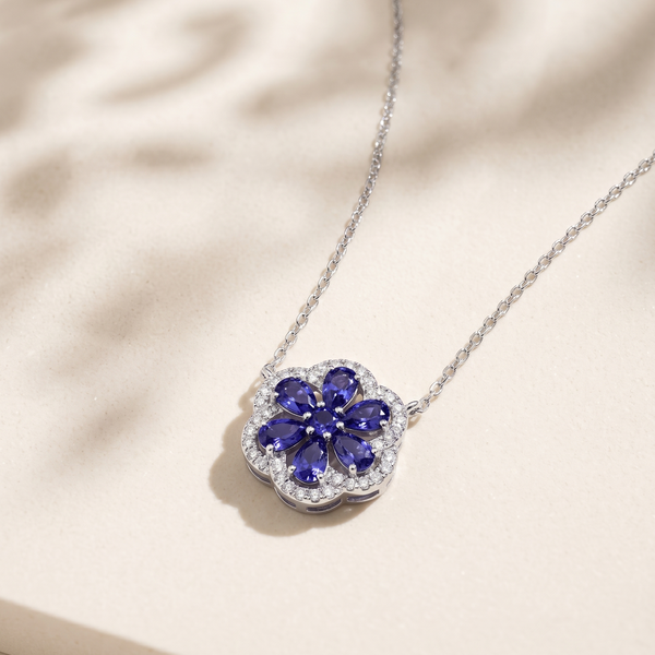 925 Sterling Silver Blue Floral Moissanite chain Pendant