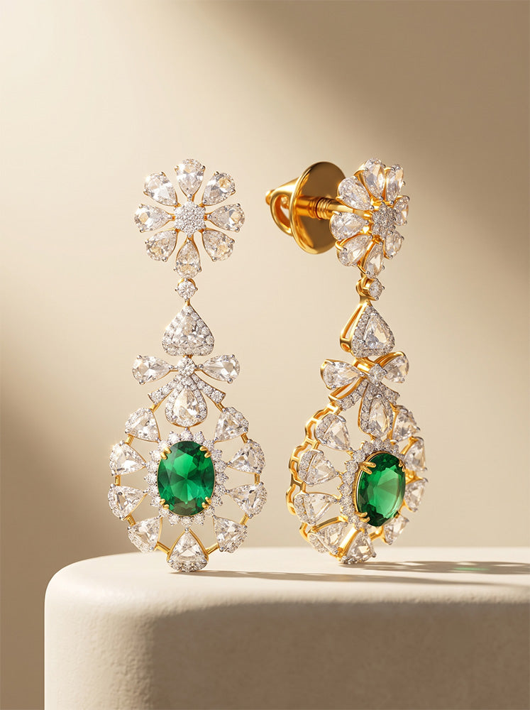 Graceful Gold Danglers with Emerald and Lab Diamonds