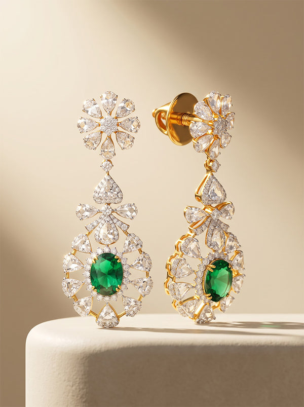 Graceful Gold Danglers with Emerald and Lab Diamonds
