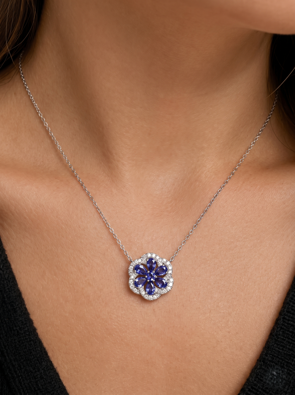 925 Sterling Silver Blue Floral Moissanite chain Pendant