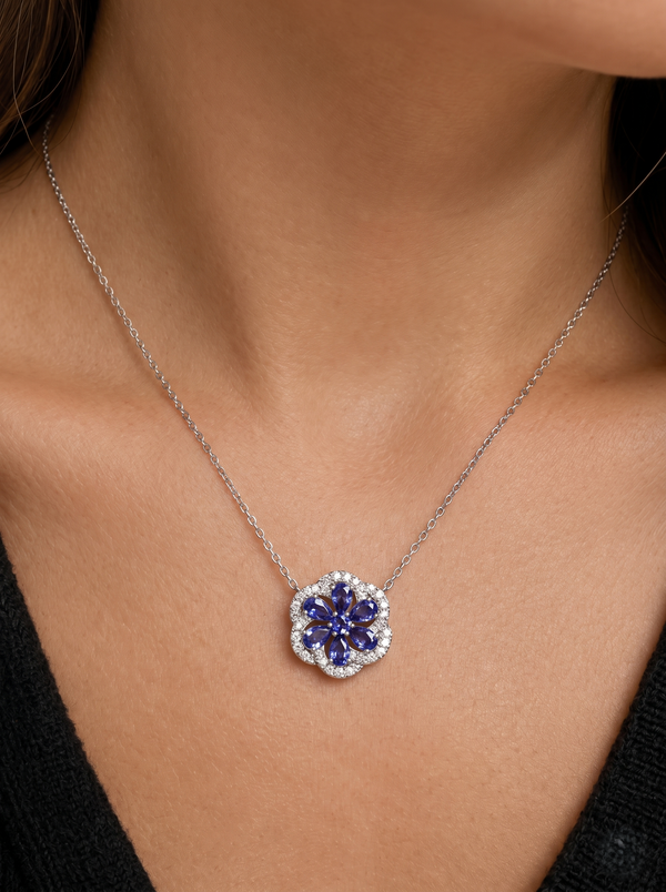 925 Sterling Silver Blue Floral Moissanite chain Pendant