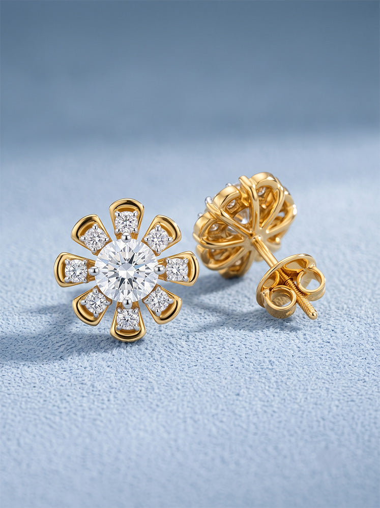 Lab-Grown Diamond Flower Gold Earrings