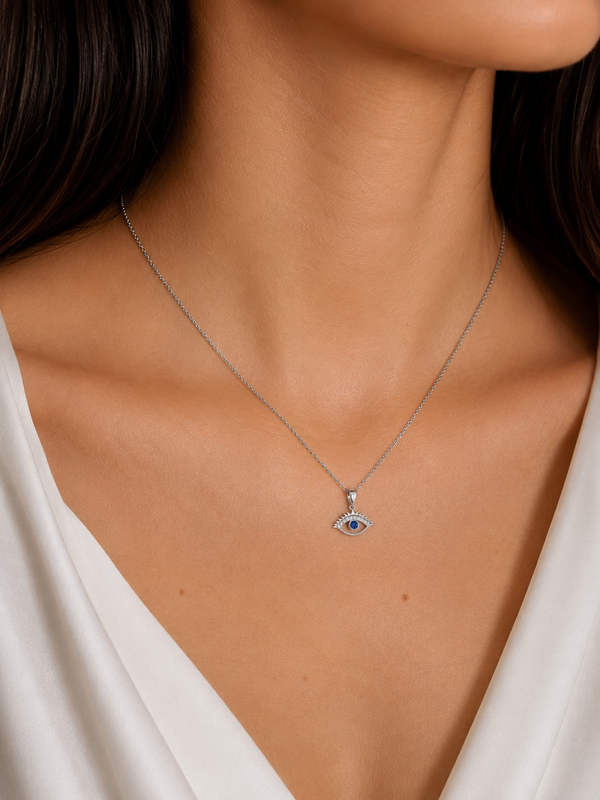Evil Eye Silver Pendant Necklace with Blue Stone