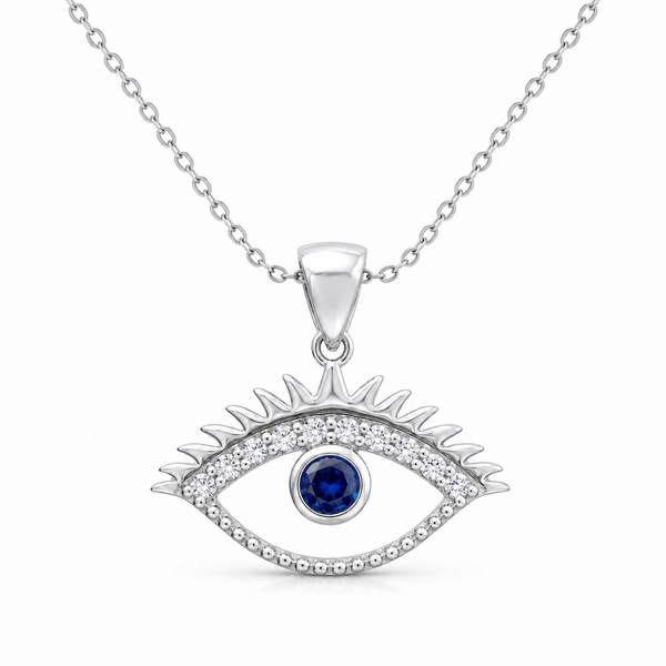 Evil Eye Silver Pendant Necklace with Blue Stone