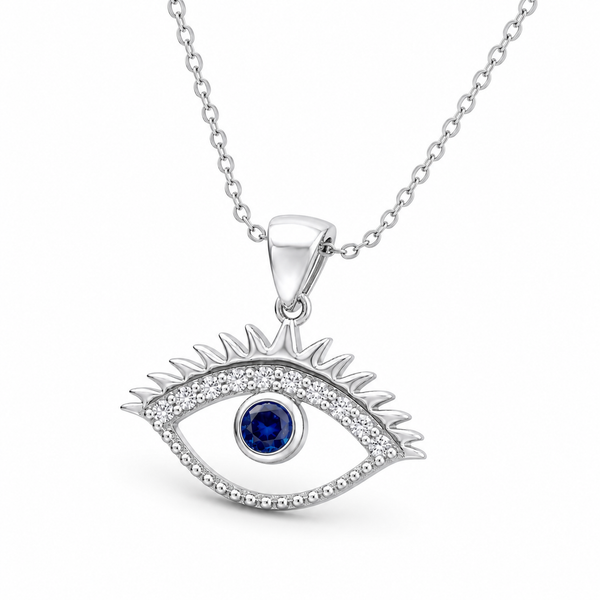 Evil Eye Silver Pendant Necklace with Blue Stone