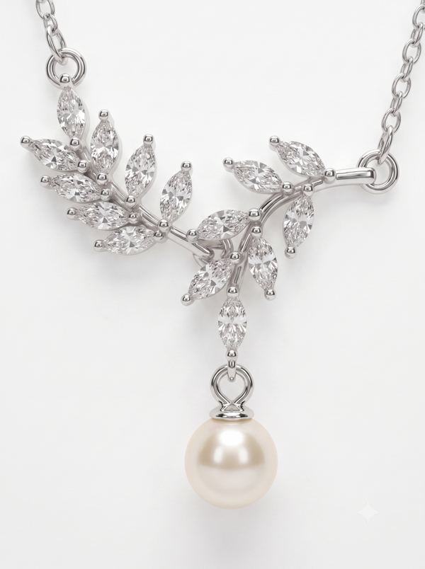 925 Sterling Silver Pearl & Moissanite Leaf Chain Pendant