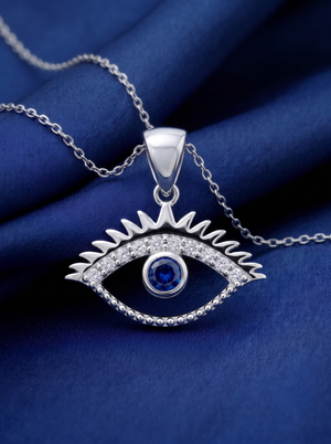 Evil Eye Silver Pendant Necklace with Blue Stone
