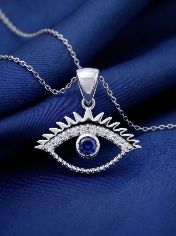 Evil Eye Silver Pendant Necklace with Blue Stone