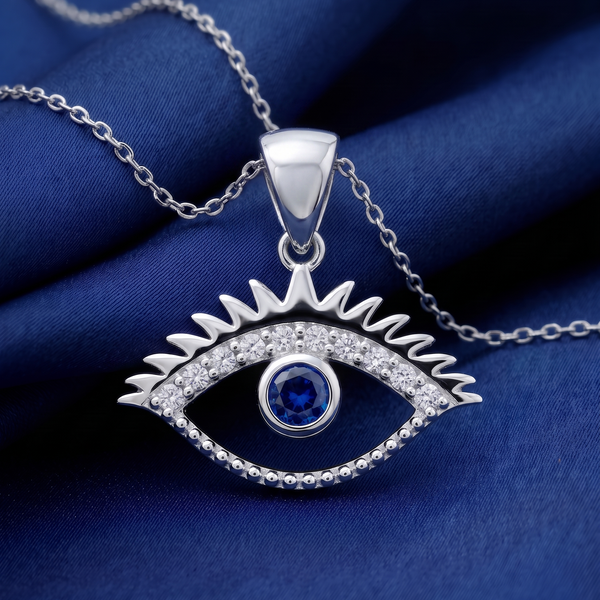 Evil Eye Silver Pendant Necklace with Blue Stone