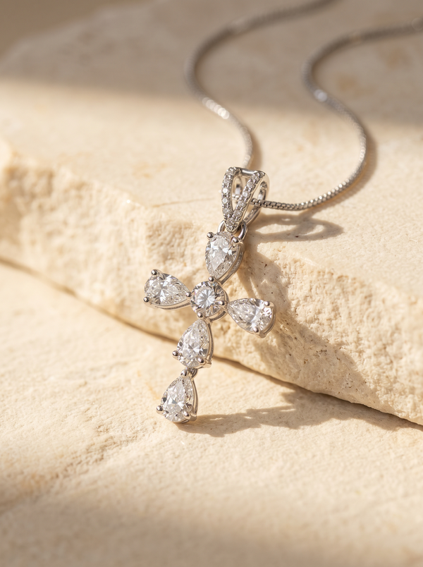 Celestial Cross - 925 Sterling Silver Pear Cut Cross Pendant