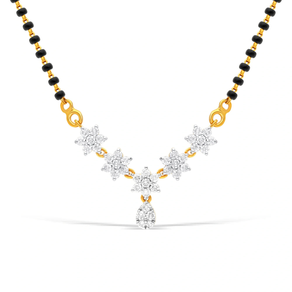 Flower cluster gold mangalsutra with lab-grown diamonds and pear drop pendant – front view
