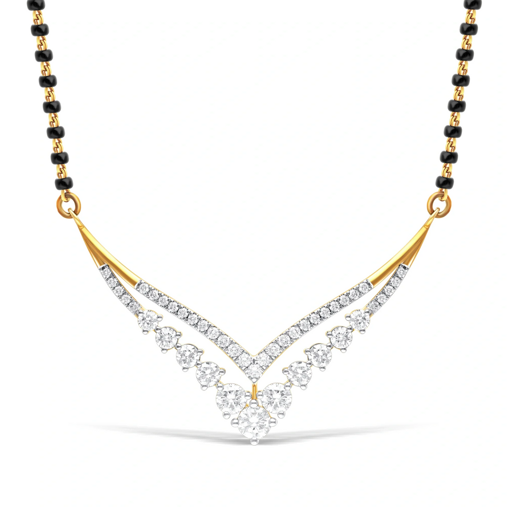 V-shaped yellow gold mangalsutra with lab-grown diamonds and black bead chain – front view