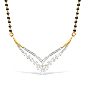 V-shaped yellow gold mangalsutra with lab-grown diamonds and black bead chain – front view