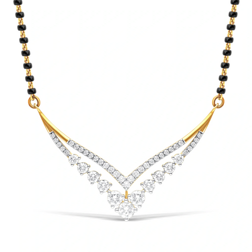 V-shaped yellow gold mangalsutra with lab-grown diamonds and black bead chain – front view