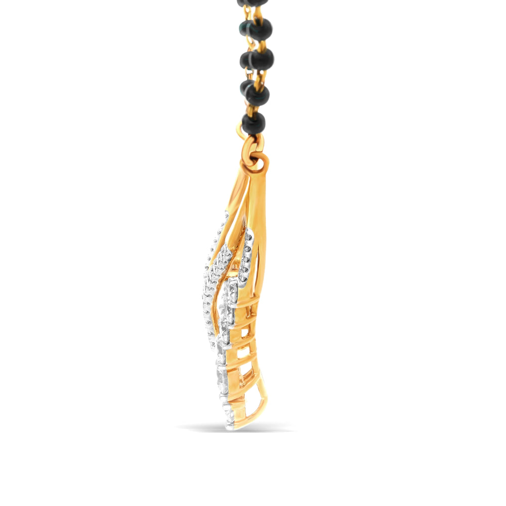 V-shaped yellow gold mangalsutra with lab-grown diamonds and black bead chain – front view