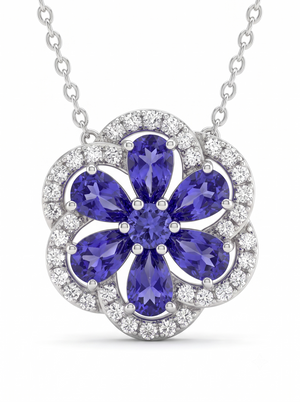 925 Sterling Silver Blue Floral Moissanite chain Pendant