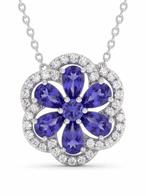 925 Sterling Silver Blue Floral Moissanite chain Pendant